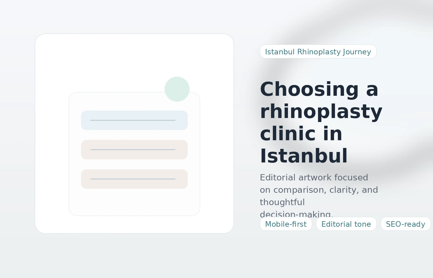 Editorial illustration showing thoughtful clinic comparison before booking rhinoplasty in Istanbul