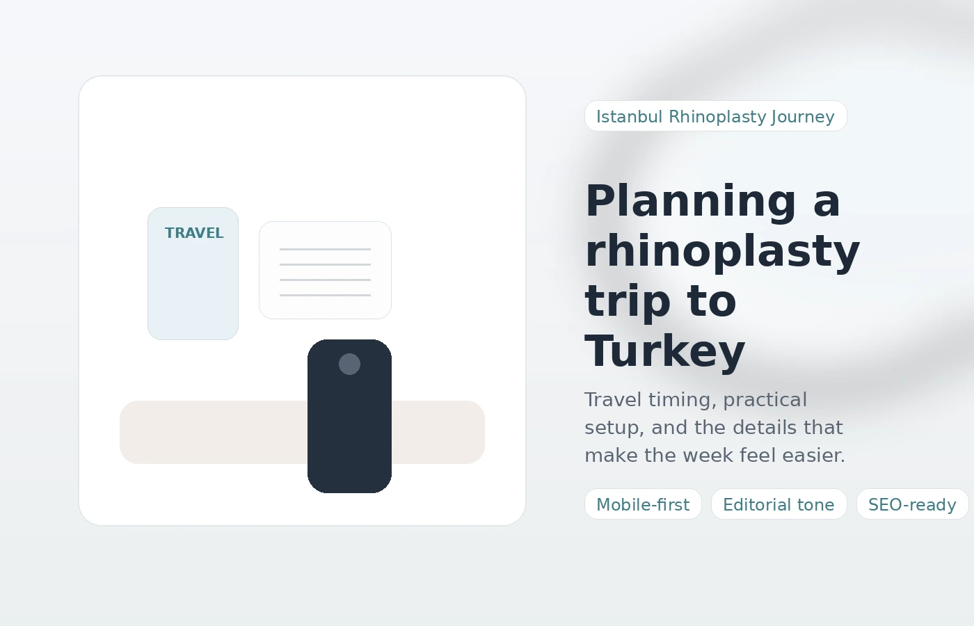 Editorial planning illustration with travel notes and preparation items for rhinoplasty in Turkey